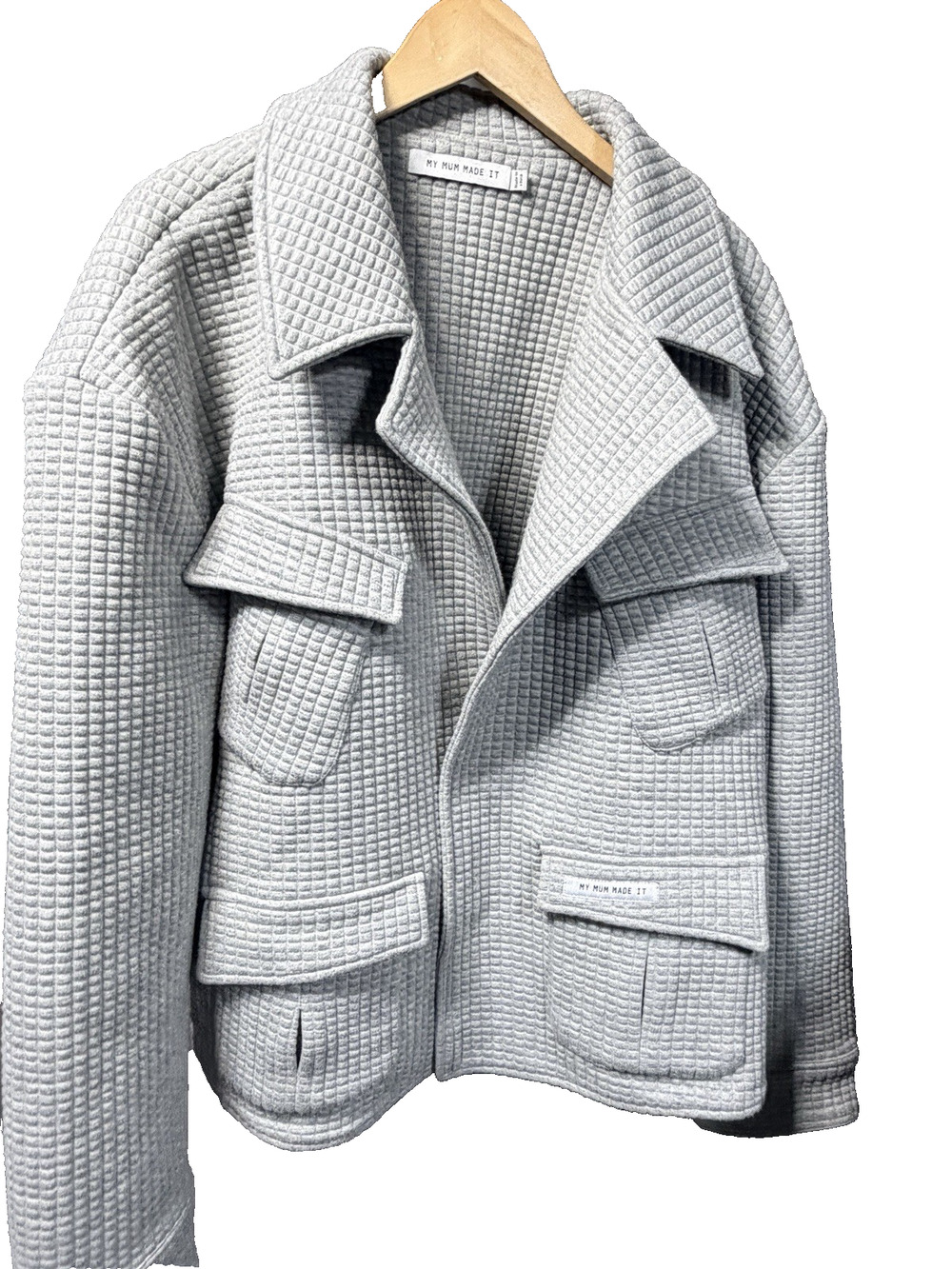 My Mum Made It Grey Quilted Grid Waffle Utility Jacket Chore Shacket Sz 10 M